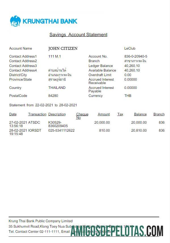 Modelo Word e PDF Scr de extrato bancário da Tailândia Krungthai